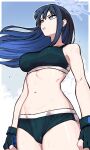  1girl bare_shoulders black_gloves black_hair black_sports_bra blue_archive blue_eyes blue_hair blue_halo breasts colored_inner_hair cowboy_shot fingerless_gloves gloves groin halo highres kingbawoon large_breasts long_hair multicolored_hair navel open_mouth saori_(blue_archive) solo sports_bra standing sweat 
