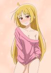  1girl absurdres ahoge bare_shoulders blonde_hair blush bocchi_the_rock! breasts cleavage closed_mouth collarbone commentary cowboy_shot detached_ahoge dot_nose embarrassed english_commentary highres ijichi_seika large_breasts long_hair long_sleeves looking_at_viewer naked_sweater no_pants off_shoulder orange_background pink_sweater red_eyes simple_background single_bare_shoulder single_off_shoulder sleeves_past_wrists solo sweater thundradrawings very_long_hair wavy_mouth 