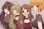  4girls :3 :d ;d ahoge bare_shoulders black_dress blonde_hair blue_eyes blush braid breasts brown_hair cleasky_(idolmaster) cleavage cleavage_cutout closed_mouth clothing_cutout collarbone commentary_request curtained_hair dress drop_earrings earrings flower gem green_eyes green_hair grey_eyes hair_flower hair_ornament ichinose_shiki idolmaster idolmaster_cinderella_girls idolmaster_cinderella_girls_starlight_stage idolmaster_million_live! idolmaster_million_live!_theater_days jewelry large_breasts lazy_lazy_(idolmaster) long_hair looking_at_viewer looking_to_the_side medium_breasts medium_hair miyamoto_frederica miyao_miya multiple_girls necklace one_eye_closed open_mouth pink_background raised_eyebrows red_dress red_gemstone see-through see-through_cleavage shimabara_elena short_sleeves sidelocks sideways_glance simple_background sleeveless sleeveless_dress smile tanupon teeth thick_eyebrows thick_eyelashes upper_body upper_teeth_only wavy_hair 