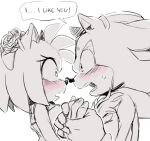 aimyneko amy_rose anthro anthro_on_anthro blush clothing dialogue duo english_text eulipotyphlan eye_contact female gloves hand_holding handwear hedgehog looking_at_another male male/female mammal open_mouth sega shadow_the_hedgehog simple_background sonic_the_hedgehog_(series) speech_bubble text