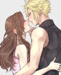  1boy 1girl 26caaan aerith_gainsborough arm_around_back bare_arms bare_shoulders cloud_strife couple dress earrings final_fantasy final_fantasy_vii final_fantasy_vii_rebirth final_fantasy_vii_remake grey_background grey_shirt hair_between_eyes half-closed_eyes hand_on_another&#039;s_chin hetero holding jewelry long_hair looking_at_another parted_bangs parted_lips pink_dress pink_ribbon ribbon saliva saliva_trail shirt short_hair sidelocks single_earring sleeveless sleeveless_dress sleeveless_turtleneck spiked_hair sundress sweatdrop turtleneck wavy_hair 