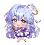  :d aqua_eyes bare_shoulders bird blue_hair braid chibi dress facial_mark gloves hair_between_eyes halo hands_up head_wings holding holding_microphone_stand honkai:_star_rail honkai_(series) long_hair looking_at_viewer microphone_stand moorina multicolored_hair open_mouth purple_dress purple_footwear purple_hair robin_(honkai:_star_rail) signature simple_background smile solo standing two-tone_dress two-tone_hair white_background white_dress white_gloves white_wings wings 