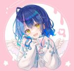  1girl :d ahoge amamiya_kokoro amamiya_kokoro_(4th_costume) angel_wings blue_hair blue_jacket border braid crescent crown_braid dot_nose elbow_rest fang feathered_wings frilled_sleeves frills hair_between_eyes hair_ornament head_tilt heart heart_hair_ornament jacket medium_hair multicolored_clothes multicolored_hair multicolored_jacket nijisanji official_alternate_costume official_alternate_hairstyle partially_unzipped pink_background pink_hair pink_jacket playing_with_own_hair round_border sidelocks simple_background skin_fang smile spoken_heart star_(symbol) streaked_hair t_yakuri tareme two-tone_background upper_body virtual_youtuber wavy_hair white_background white_jacket wings x_hair_ornament yellow_eyes 