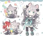  2girls :&lt; ^^^ ahoge animal_ear_fluff animal_ears arknights arms_up bangs black_bow black_dress black_footwear black_jacket black_thighhighs blue_eyes blush blush_stickers bow cat_ears cat_girl cat_tail chibi closed_mouth commentary_request cropped_torso double_scoop double_v dress food grey_hair hair_bow highres holding holding_food ice_cream ice_cream_cone jacket leaning_to_the_side long_hair long_sleeves looking_at_viewer mint_(arknights) multiple_girls naguru_(cyoroama) nose_blush open_clothes open_jacket shoes sleeveless sleeveless_dress sleeves_past_wrists standing surtr_(arknights) sweat tail thighhighs too_many too_many_scoops upper_body v very_long_hair white_background white_dress 