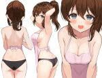  1girl :d absurdres apron armpits arms_behind_head ass bare_arms bare_shoulders black_panties blue_eyes blush breasts brown_hair cleavage closed_mouth collarbone cowboy_shot dot_nose eyelashes from_behind from_side hair_between_eyes highres idolmaster idolmaster_million_live! idolmaster_million_live!_theater_days large_breasts leaning_forward long_hair looking_at_viewer multiple_views nearly_naked_apron open_mouth panties pink_apron ponytail satake_minako sidelocks simple_background smile teeth twin_burst underwear upper_teeth_only waist_ribbon white_background 