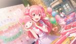  1girl :d apron bow colorful_palette dress flower food hair_flower hair_ornament heart highres long_hair looking_at_viewer momoi_airi official_art open_mouth pink_eyes pink_hair project_sekai ribbon smile solo two_side_up 