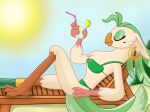  2017 anthro avian beak beverage bikini bikini_bottom bikini_top bird butt captain_celaeno_(mlp) chair chest_tuft clothing digital_media_(artwork) ear_piercing ear_ring eyelashes eyes_closed eyeshadow feathers female friendship_is_magic fur furniture green_bikini green_clothing green_eyeshadow green_feather_hair green_hair green_swimwear green_tail hair hasbro hi_res holding_beverage holding_object justsomepainter11 lying makeup my_little_pony my_little_pony:_the_movie_(2017) on_back on_model parrot pegleg piercing prosthetic prosthetic_leg prosthetic_limb pseudo_hair relaxing ring_piercing smile solo sun sunbathing swimwear tan_body tan_fur text tuft 