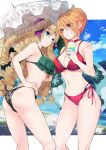  2girls absurdres angelica_rafa_redgrave antenna_hair ass bikini blonde_hair blue_eyes braid breasts choker deirdre_fou_roseblade drill_hair french_braid groin hand_on_hip highres innertube large_breasts legs letterboxed light_frown long_hair medium_breasts multiple_bracelets multiple_girls navel otome_gee_sekai_wa_mob_ni_kibishii_sekai_desu outside_border parasol purple_ribbon red_bikini red_choker red_eyes ribbon shiosato_jun side-tie_bikini_bottom smile strap_gap swimsuit thighs umbrella 