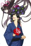  1boy 1girl :d ^_^ animal_print closed_eyes fate/grand_order fate_(series) floating frog_print hand_fan holding holding_fan japanese_clothes kimono light_smile long_hair looking_at_another mickey_mouse_ears oryou_(fate) outstretched_arms pako_(pakosun) paper_fan ponytail print_kimono sakamoto_ryouma_(fate) simple_background smile spread_arms teeth uchiwa white_background yukata 