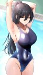  absurdres armpits arms_up black_hair blue_one-piece_swimsuit blurry blurry_background blush breasts competition_school_swimsuit covered_navel groin hair_between_eyes highres holding_own_arm idolmaster idolmaster_shiny_colors itapi large_breasts long_hair looking_down one-piece_swimsuit ponytail school_swimsuit shirase_sakuya sideboob smile swimsuit very_long_hair 