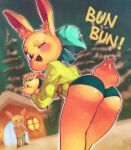  absurd_res anthro bent_over blush bunbun_npc_(undertale) butt cinnamon_(undertale) clothing duo english_text female hi_res lagomorph leporid male mammal one_eye_closed onimiere open_mouth open_smile panties rabbit rear_view smile snow text underwear wink 