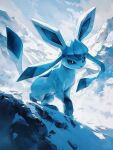  blue_eyes blue_fur bright_pupils day glaceon highres kodak_painter mountain no_humans outdoors pokemon pokemon_(creature) snow solo white_pupils 