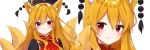  1girl animal_ear_fluff animal_ears black_shirt blonde_hair blush close-up closed_mouth fox_ears fox_girl fox_tail hair_between_eyes hair_intakes high_collar junko_(touhou) long_hair looking_at_viewer multiple_tails multiple_views neck_ribbon red_eyes red_tabard ribbon shinonome_asu shirt sidelocks simple_background smile tabard tail touhou twitter_banner upper_body white_background yellow_ribbon yellow_tail 