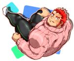  1boy :q akashi_(live_a_hero) bara broad_shoulders bulge facial_hair foreshortening from_above full_body goatee highres kizami_nori_to_yamaimo large_pectorals latex_pants live_a_hero long_sideburns looking_at_viewer looking_up male_focus muscular muscular_male pectorals pink_sweater red_eyes red_hair scar scar_on_face scar_on_nose short_hair sideburns socks solo sweater thick_eyebrows tongue tongue_out turtleneck turtleneck_sweater 