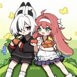  2girls :d ahoge animal_ears arlecchino_(genshin_impact) artist_name black_jacket black_shorts blush bow clervie_(genshin_impact) dress dress_bow eye_contact feet_out_of_frame floppy_ears food frilled_dress frills fruit ganleneng genshin_impact green_eyes hair_over_one_eye hairband highres holding holding_food holding_fruit jacket kemonomimi_mode long_hair long_sleeves looking_at_another lumidouce_bell_(genshin_impact) multicolored_hair multiple_girls neck_ribbon on_grass one_eye_covered open_mouth outdoors persimmon pink_hair rabbit_ears ribbon short_hair shorts sitting smile streaked_hair triangle_mouth two-tone_hair white_dress white_hair white_hairband 