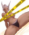  1girl abs absurdres animal_ears black_panties boku_no_hero_academia breasts caution_tape censored character_name clothes_writing commentary dark-skinned_female dark_skin hair_bun highres large_breasts long_eyelashes long_hair looking_at_viewer mirko navel panties parted_bangs parted_lips rabbit_ears rabbit_girl red_eyes single_hair_bun sitting smile solo sora_raion spread_legs stomach symbol-only_commentary tape_censor teeth thick_thighs thighs toned_female topless twitter_username underwear underwear_only upper_teeth_only white_hair 