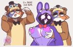 5_fingers :3 anthro anthro_on_anthro areola bear big_areola big_breasts black_bow_tie black_eyelids bonnie_(fnaf) bow_tie breast_markings breasts calico_cat domestic_cat duo english_text epic_games eye_contact felid feline felis female female/female female_anthro fingers five_nights_at_freddy&#039;s fortnite freddy_(fnaf) fur gesture half-closed_eyes hand_gesture hand_on_another&#039;s_breast hand_on_breast heart_(marking) hi_res holding_breast lilbunpinky looking_at_another mammal markings meow_skulls_(fortnite) narrowed_eyes nervous_smile nipples open_mouth open_smile pointing pointing_at_self purple_areola purple_body purple_breasts purple_fur purple_nipples raven_team_leader red_bow_tie scottgames shadow_face smile text yellow_eyes