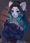 ailurid anthro black_body black_fur black_hair blue_clothing blue_sweater blue_topwear clothed clothing eyebrows eyelashes female fur grey_body grey_eyes grey_fur hair hi_res long_hair looking_at_viewer mammal open_mouth red_panda saardequeen simple_background smile solo sweater teal_hair teeth topwear white_body white_fur