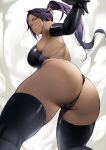  1girl absurdres ass bangs bare_shoulders black_gloves black_leotard black_thighhighs bleach breasts dark-skinned_female dark_skin elbow_gloves gloves highleg highleg_leotard highres large_breasts leotard long_hair looking_at_viewer looking_back parted_bangs ponytail purple_hair shihouin_yoruichi solo thighhighs thighs yellow_eyes yoshio_(55level) 