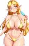  1girl anisdrawn bare_shoulders bikini blonde_hair blue_eyes blush braid choker commentary cowboy_shot crown_braid food hair_ornament hairclip head_tilt highres holding holding_food holding_popsicle long_hair looking_at_viewer navel pointy_ears popsicle princess_zelda simple_background smile solo standing stomach swimsuit the_legend_of_zelda the_legend_of_zelda:_breath_of_the_wild thighs very_long_hair white_background yellow_bikini 