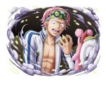  1boy abs collarbone den_den_mushi english_commentary glasses headband holding holding_phone koby_(one_piece) long_sleeves male_focus marine_uniform_(one_piece) official_art one_piece one_piece_treasure_cruise open_clothes open_mouth phone pink_hair short_hair sweatdrop talking_on_phone teeth toned toned_male 