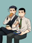  2boys alternate_costume bento black_eyes black_hair blush cheek_bulge chopsticks eating facial_hair feet_out_of_frame food food_on_face goatee golden_kamuy green_necktie hair_slicked_back hair_strand holding holding_chopsticks holding_food hot_dog looking_at_another male_focus multiple_boys necktie octopus ogata_hyakunosuke ri_(ri_kaos21) rice rice_on_face salaryman sandwich scar scar_on_cheek scar_on_face short_hair sitting stitches stubble tsukishima_hajime undercut 