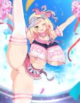  1girl absurdres arm_garter armpits arms_up artist_name ass_visible_through_thighs bar_censor blonde_hair blush breasts censored cheerleader choker clothes_writing confetti covered_nipples frilled_choker frilled_skirt frills gradient_hair green_eyes hair_ornament hat heart heart_hair_ornament highres hololive huge_breasts kneepits leg_up long_hair looking_at_viewer midriff miniskirt momosuzu_nene momosuzu_nene_(cheerleader) multicolored_hair nipples official_alternate_costume one_eye_closed open_mouth panties pink_choker pink_hair pink_hat pink_skirt pom_pom_(cheerleading) pussy rudeus_(steban_sharnak) sideways_hat skirt smile solo sparkle split standing standing_on_one_leg standing_split streamers striped_clothes striped_thighhighs sweat thighhighs underwear virtual_youtuber visor_cap 