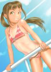  1girl bikini blue_sky brown_hair cloud commentary_request day flat_chest frilled_bikini frills highres long_hair looking_at_viewer navel one-piece_tan orange_eyes original outdoors pink_bikini ponytail railing sky smile solo striped_bikini striped_clothes sunlight swimsuit tan tanlines uzuki_mei 