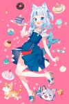  1girl absurdres asami-chan bare_legs blue_dress blue_eyes blue_hair blue_nails blunt_bangs cake cake_slice cat cat_girl doughnut dress feet fins fish_tail food fork frilled_sleeves frills full_body gawr_gura gawr_gura_(casual) gelatin grey_hair hair_ornament hand_up highres holding holding_plate hololive hololive_english knees_together_feet_apart legs looking_at_viewer medium_hair multicolored_hair nail_polish official_alternate_costume one_side_up open_mouth pink_background plate shark_girl shark_print shark_tail sharp_teeth short_sleeves solo streaked_hair tail teeth toenail_polish toenails toes virtual_youtuber 