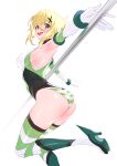  1girl absurdres akatsuki_kirika armpits ass blonde_hair blush breasts elbow_gloves from_behind gloves green_eyes highres leotard looking_at_viewer looking_back medium_breasts open_mouth pole_dancing senki_zesshou_symphogear shiny shiny_hair shiny_skin short_hair simple_background smile solo striped striped_thighhighs sweat thighhighs ulrich_(tagaragakuin) white_background 
