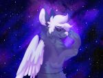 2017 ambiguous_gender blue_body blue_fur canid canine cosmic_background digital_media_(artwork) digital_painting_(artwork) duskky eyebrow_through_hair eyebrows eyes_closed feathered_wings feathers feral feral_with_hair fur galaxy_duskky hair half-length_portrait hi_res inner_ear_fluff jaspering mammal paws portrait semi-anthro shaded snout solo surgical_suture translucent translucent_hair tuft whisker_spots white_body white_feathers white_hair white_inner_ear white_inner_ear_fluff white_nose white_wings wings