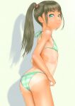  1girl ass bikini commentary_request flat_chest green_bikini green_eyes green_hair highres long_hair looking_at_viewer original side_ponytail smile solo striped_bikini striped_clothes swimsuit tan tanlines uzuki_mei 