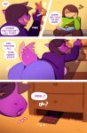  2022 absurd_res anthro award bed big_butt book bottomwear breasts brown_hair butt clothing comic deltarune dialogue duo english_text eye_through_hair female furniture hair hi_res human jacket kris_(deltarune) light_body light_skin lizard male mammal pants purple_body purple_skin reading reading_book reptile scalie shirt susie_(deltarune) svarzye tail_motion tailwag teeth text topwear translucent translucent_hair trophy undertale_(series) video_games yellow_eyes 