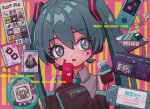 1girl 39 blue_eyes blue_hair blush cd cellphone character_name digital_media_player facial_mark flip_phone hachune_miku handheld_game_console hands_up hatsune_miku hawkbrdg heart heart_facial_mark highres holding holding_phone long_hair looking_at_viewer miku_day open_mouth phone playstation_portable project_diva_(series) project_diva_extend striped_background tamagotchi twintails very_long_hair wallet 