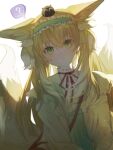  1girl 7307795428 ? animal_ear_fluff animal_ears arknights backlighting bag bangs blonde_hair blue_hairband blue_skirt closed_mouth commentary_request crossover fox_ears fox_girl fox_tail frilled_hairband frills green_eyes hair_between_eyes hairband heixiu high-waist_skirt highres jacket kitsune multicolored_hair neck_ribbon on_head open_clothes open_jacket red_ribbon ribbon shirt shoulder_bag simple_background skirt spoken_question_mark suzuran_(arknights) suzuran_(spring_praise)_(arknights) tail the_legend_of_luo_xiaohei two-tone_hair white_background white_hair white_jacket white_shirt 