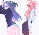  2girls aru_(blue_archive) ass black_shirt black_skirt blue_archive blush brown_horns closed_mouth cowboy_shot demon_horns grey_background hair_between_eyes halo highres horns long_hair long_sleeves looking_at_viewer mechanical_halo multiple_girls panties parted_lips pink_hair pink_halo purple_eyes purple_hair shirt simple_background skirt two_side_up underwear valentine_(02140314c) white_background white_panties white_shirt yellow_eyes yuuka_(blue_archive) 