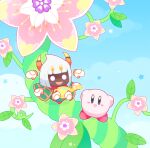  blue_eyes blue_sky blush_stickers cloak cloud colored_skin day dreamstalk extra_eyes extra_hands fangs flower green_cloak happy heterochromia holding holding_watering_can horns kae77p kirby kirby:_triple_deluxe kirby_(series) looking_at_viewer no_humans open_mouth outdoors pink_flower pink_skin red_footwear red_scarf scarf shoes short_hair sky smile solid_circle_eyes spider_web_print standing star_(symbol) taranza watering_can white_eyes white_hair yellow_eyes yellow_horns 
