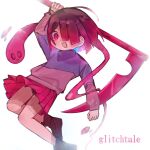  1girl arm_up bete_noire black_panties boots brown_footwear dande_lion2604 glitchtale gradient_hair highres holding holding_scythe multicolored_hair open_mouth panties pantyshot pink_eyes pink_hair pink_skirt pink_sweater pleated_skirt purple_sweater scythe simple_background skirt smile solo sweater undertale underwear white_background 
