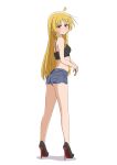  1girl absurdres ahoge bare_legs black_footwear black_sports_bra blonde_hair blue_shorts blush bocchi_the_rock! closed_mouth commentary denim denim_shorts detached_ahoge diamond_earrings dot_nose earrings english_commentary full_body high_heels highres ijichi_seika jewelry legs long_hair looking_at_viewer looking_back midriff nail_polish red_eyes red_nails short_shorts shorts simple_background solo sports_bra standing tachi-e thundradrawings v-shaped_eyebrows very_long_hair white_background 