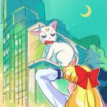  1girl aino_minako animal annoyed artemis_(sailor_moon) bangs bishoujo_senshi_sailor_moon blonde_hair bow building cat city crescent_moon facial_mark facing_another forehead_mark hair_bow long_sleeves moon night night_sky open_mouth outdoors red_bow shinjuku_cat shirt sky skyscraper suzuki_(2red_moon3) sweatdrop tree upper_body white_cat white_shirt 