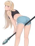  1girl ass bare_arms bare_shoulders bent_over between_thighs blonde_hair blue_shorts blunt_bangs breasts claire_volikova denim denim_shorts earrings feet_out_of_frame from_behind hairband highres holding holding_polearm holding_weapon jewelry jourd4n kneepits long_hair looking_at_viewer looking_back original parted_lips polearm red_eyes short_shorts shorts simple_background small_breasts solo spear standing very_long_hair weapon white_background white_hairband 