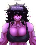  &lt;3 anthro big_breasts bodily_fluids bra breasts cleavage clothed clothing female freckles grin hair hair_over_eyes hi_res messy_hair muscular muscular_anthro muscular_female purple_body purple_scales reptile scales scalie simple_background smile solo sports_bra sweat teeth thedarkzircon underwear white_background 