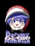  1girl :d black_background blue_eyes blue_hair cover doremy_sweet fake_cover hands_on_own_face hat highres looking_at_viewer luigi&#039;s_mansion mario_(series) nightcap open_mouth parody red_headwear short_hair simple_background smile solo touhou zenji029 