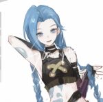  1girl :d arcane:_league_of_legends arcane_jinx arm_tattoo arm_up armpits asymmetrical_bangs bangs bare_shoulders braid bu_jie_cha crop_top elbow_gloves fingerless_gloves gloves green_eyes green_hair highres jinx_(league_of_legends) league_of_legends open_mouth sample_watermark shiny shiny_hair simple_background sketch smile solo stomach_tattoo striped striped_gloves tattoo twin_braids twintails upper_body white_background 