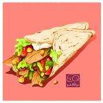  artist_logo artist_name chicken_(food) chicken_wrap corn food food_focus highres lettuce no_humans original pink_background sauce tomato yuki00yo 