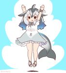  1girl arms_up blue_background bow bowtie cetacean_tail coroha dolphin_girl dress fins fish_tail full_body grey_hair head_fins jumping kemono_friends long_hair looking_at_viewer pacific_white-sided_dolphin_(kemono_friends) sailor_dress sandals simple_background solo tail wristband 