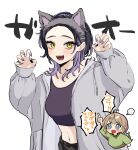  2girls absurdres animal_ear_hairband animal_ears black_sports_bra brown_hair cat_ear_hairband cat_ears chibi chibi_inset claw_pose commentary english_commentary fake_animal_ears fingernails green_shirt hairband highres hood hoodie hyaluron_&amp;_daruma long_fingernails long_hair midriff multicolored_hair multiple_girls nail_polish navel original pointing pointing_up purple_hair purple_hoodie purple_nails shirt simple_background speech_bubble sports_bra translation_request two-tone_hair white_background 