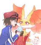  1boy blue_jacket blush calem_(pokemon) commentary_request delphox eye_contact eyewear_on_headwear food hand_up hat highres holding ice_cream ice_cream_cone jacket long_sleeves looking_at_another male_focus open_mouth pokemon pokemon_(creature) pokemon_xy red_hat sunglasses teeth turtleneck turtleneck_jacket upper_teeth_only white_background yan531 