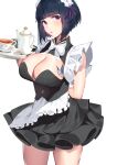  1girl absurdres arm_behind_back bangs black_dress black_hair blunt_bangs blush bob_cut bow bowtie breast_tattoo breasts butterfly_tattoo cleavage cowboy_shot cup dress frilled_dress frills highres holding holding_tray inushima large_breasts looking_at_viewer maid maid_headdress no_bra original parted_lips purple_eyes short_hair simple_background solo standing tattoo teacup teapot thighs tray white_background white_bow white_bowtie 