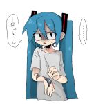  1girl alternate_costume android blue_hair broken_skin grey_shirt hair_between_eyes hair_ornament hatsune_miku kyomu_305 long_hair looking_at_viewer mechanical_parts parted_lips shirt short_sleeves simple_background solo speech_bubble sweat twintails upper_body very_long_hair vocaloid white_background 